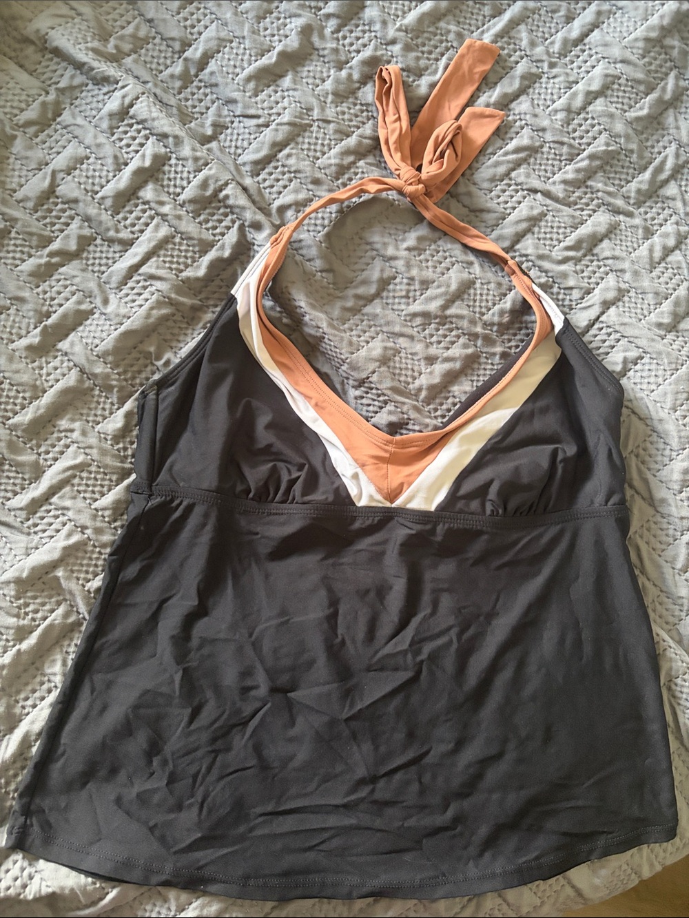 Time and Tru Black Halter Tankini Top with Peach and White Trim